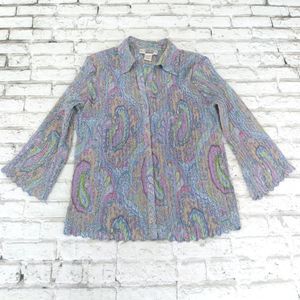 E.K. Designs Shirt Women Medium Blue Paisley 3/4 Sleeve Crinkle Collared Y2K 90s